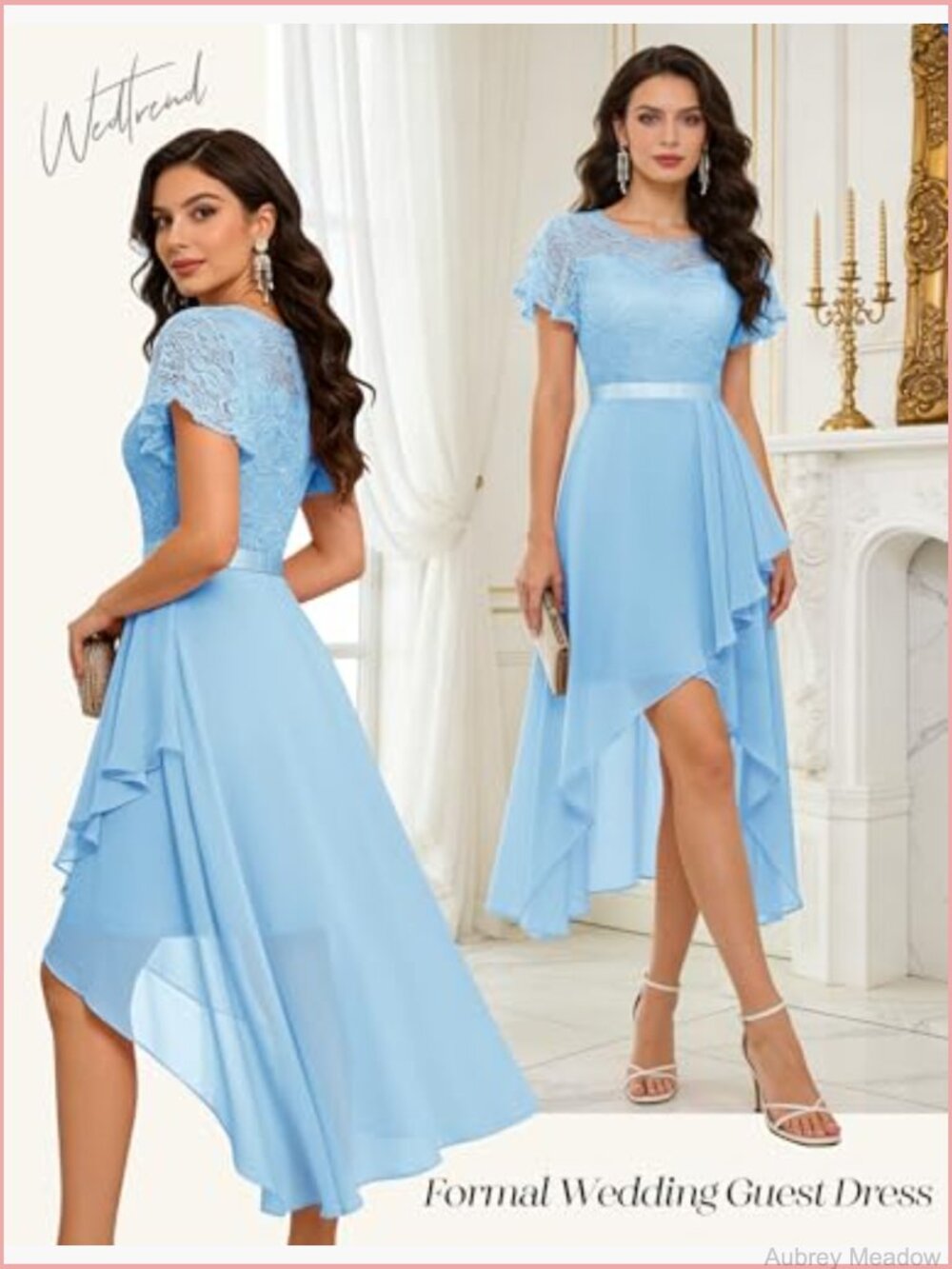 Flutter Sleeve High Low Lace Dress Sheer Neckline Prom Bridesmaid - Picture 6 of 7